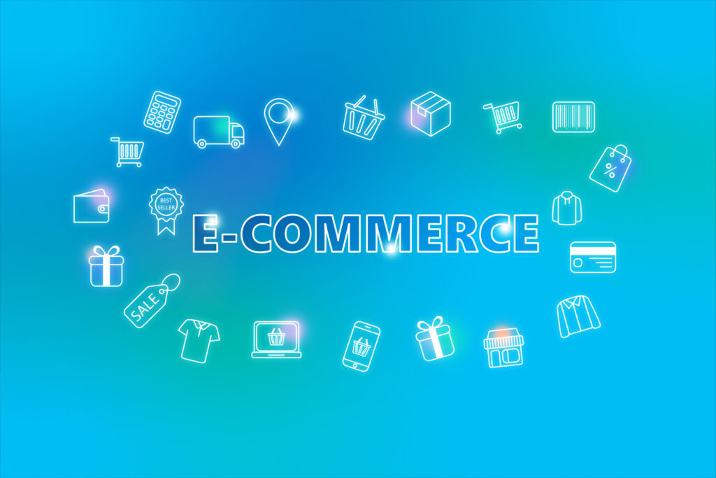 E commerce ecommerce web banner on blue background. Various s