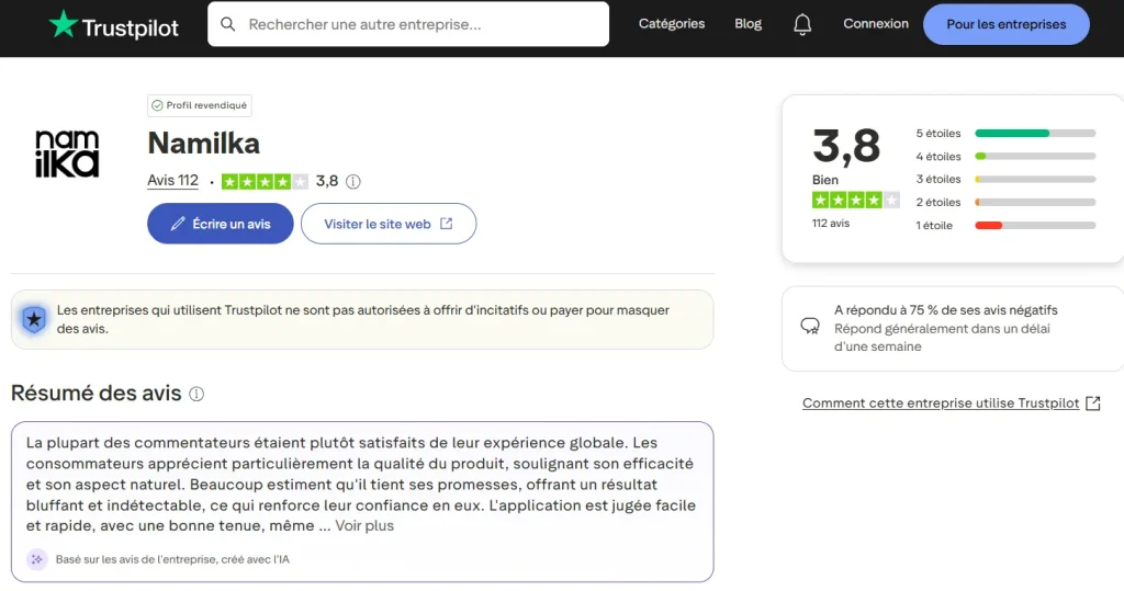 note moyenne des avis de Namilka.com
