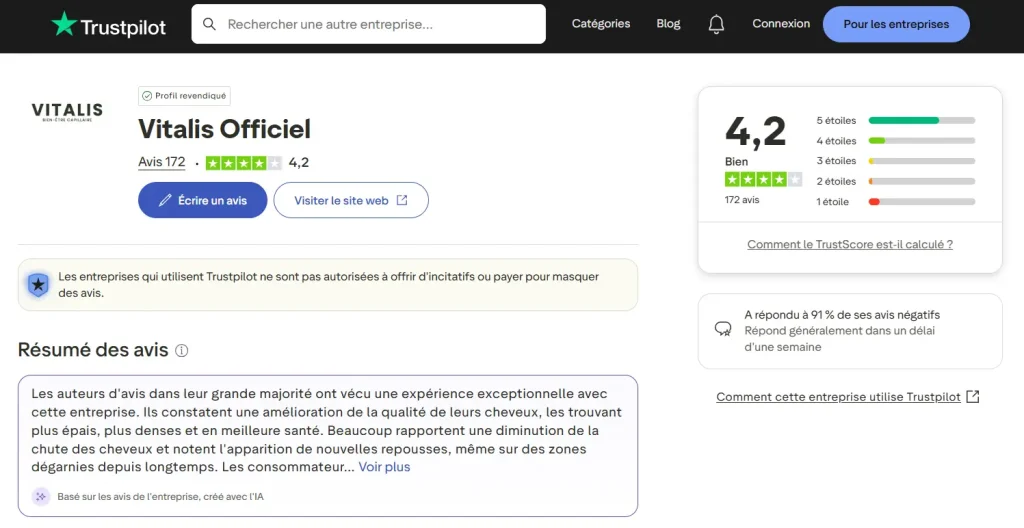 avis sur Trustpilot concernant Vitalis Officiel