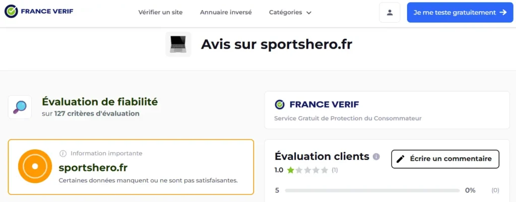 avis sur FranceVerif sur Sportshero