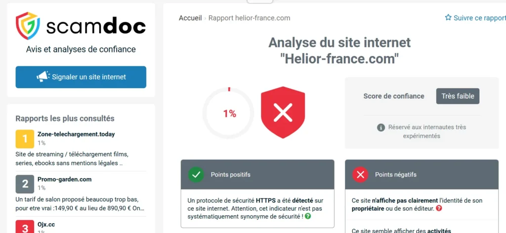 avis sur ScamDoc sur Helior France