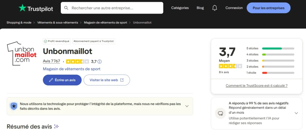 avis sur Trustpilot de Bon maillot.com