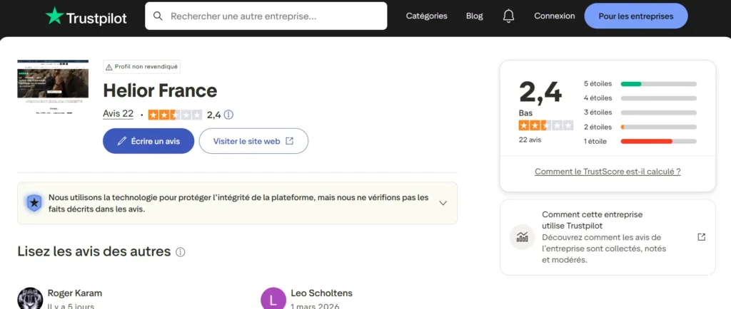 avis sur Trustpilot sur Helior France