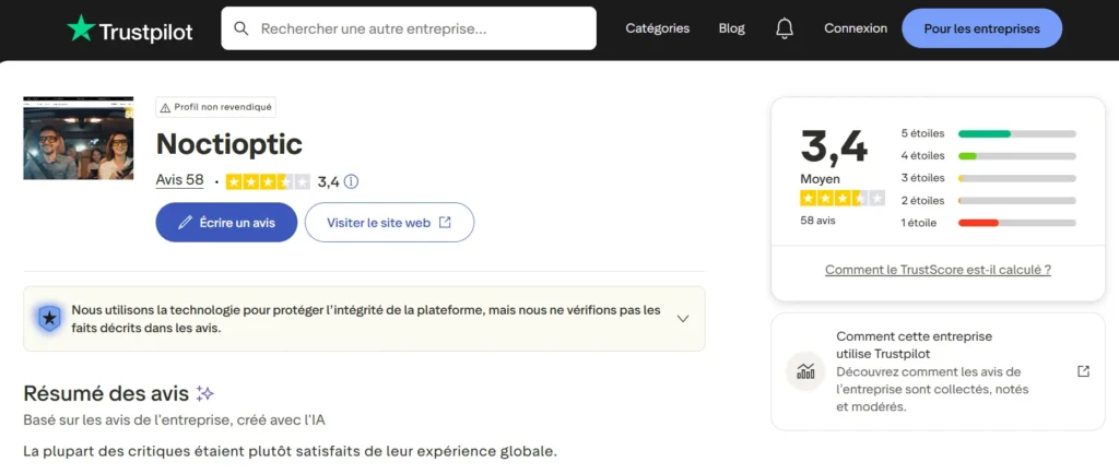 avis sur Trustpilot sur Noctioptic