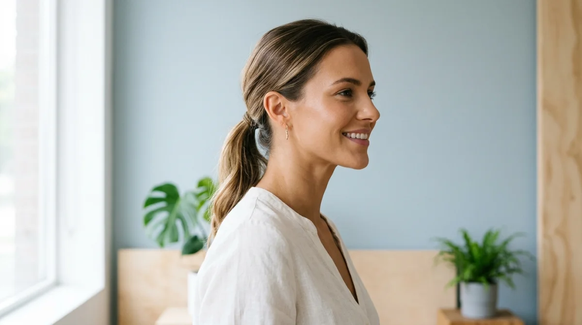 Femme souriante montrant son profil, menton et mâchoire avancés naturellement.
