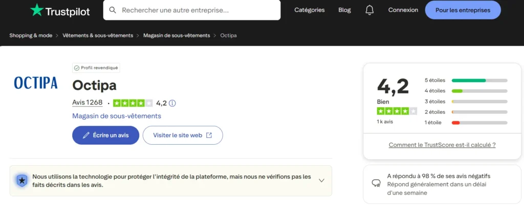 avis sur Trustpilot sur Octipa