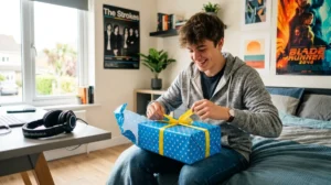 Jeune homme de 18 ans souriant ouvrant un cadeau, idée cadeau homme 18 ans