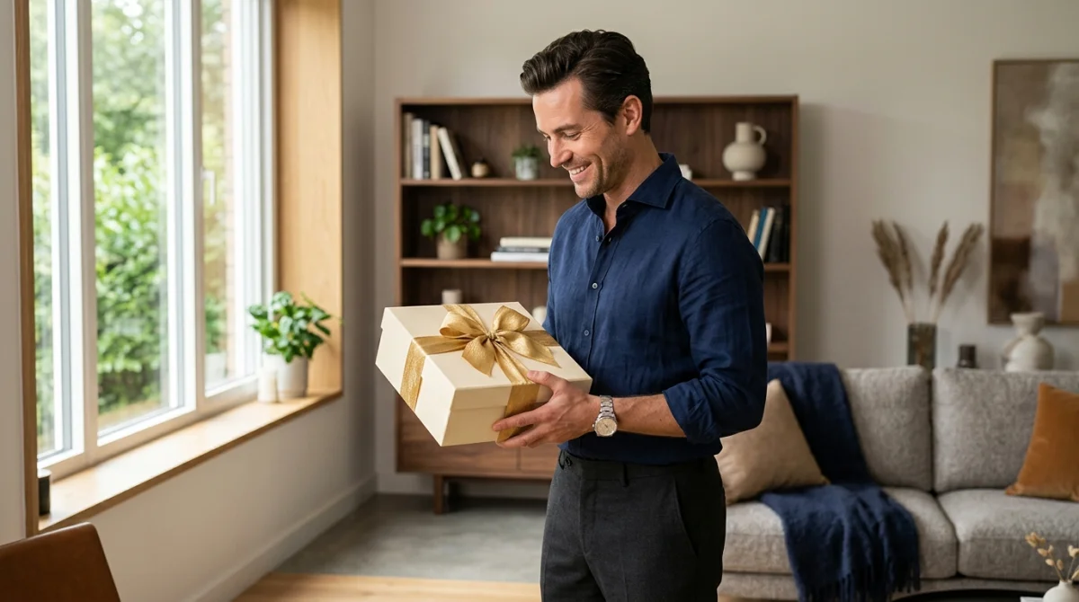 Homme élégant recevant un coffret cadeau luxueux, idée cadeau haut de gamme pour homme.