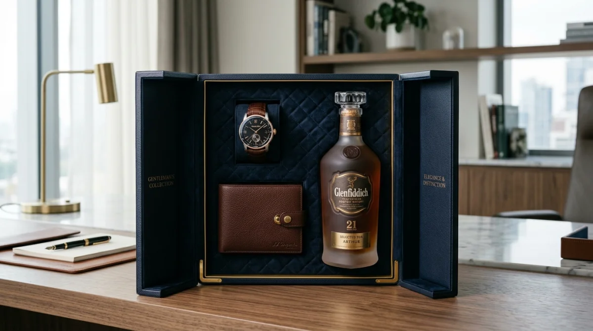 Coffret cadeau luxe homme : montre, cuir, spiritueux premium, idée cadeau 500-1000€.