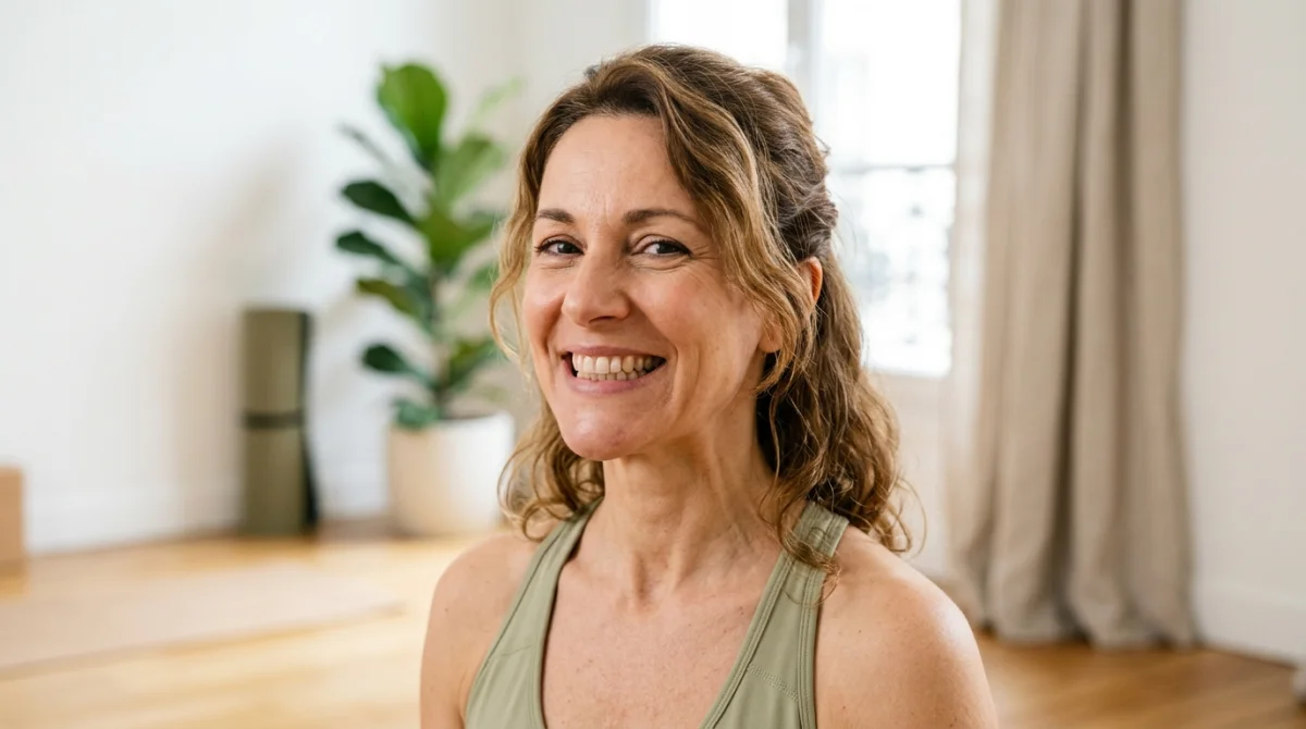 Femme souriante pratiquant l'avancement de la mâchoire du bas, exercice sans chirurgie.