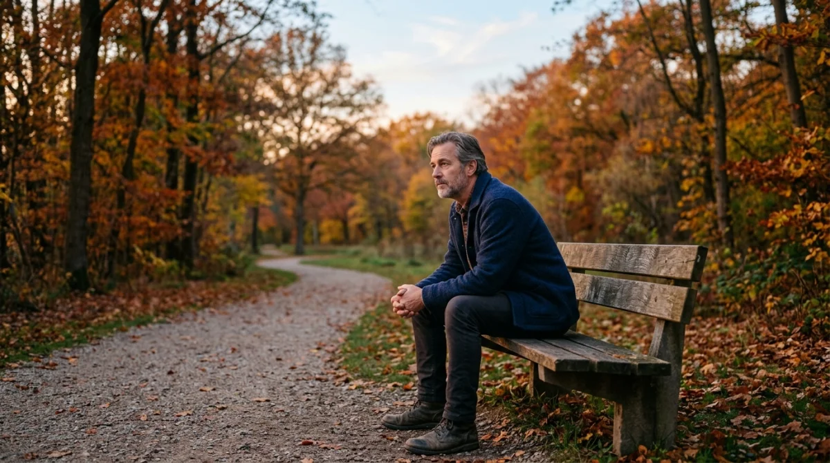 Homme seul contemplatif sur un banc de parc en automne, évoquant les phases de la rupture.