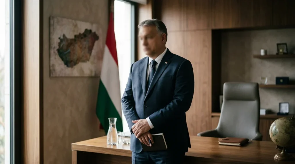 Silhouette homme politique hongrois énigmatique, bureau sobre, drapeau stylisé