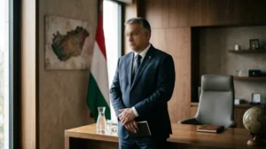 Silhouette homme politique hongrois énigmatique, bureau sobre, drapeau stylisé