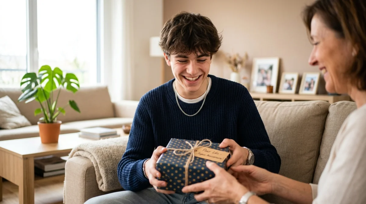 Jeune homme souriant recevant un cadeau d'anniversaire pour ses 18 ans