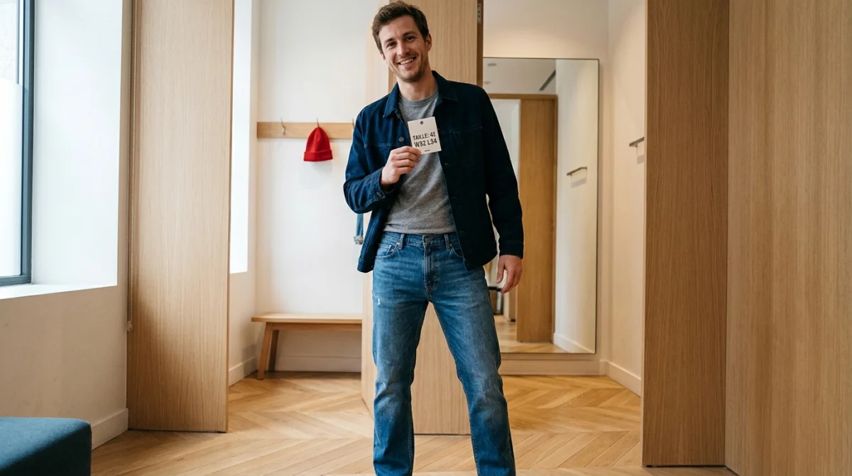 Homme souriant en jean w32 l32, cabine d'essayage moderne, étiquette de taille visible