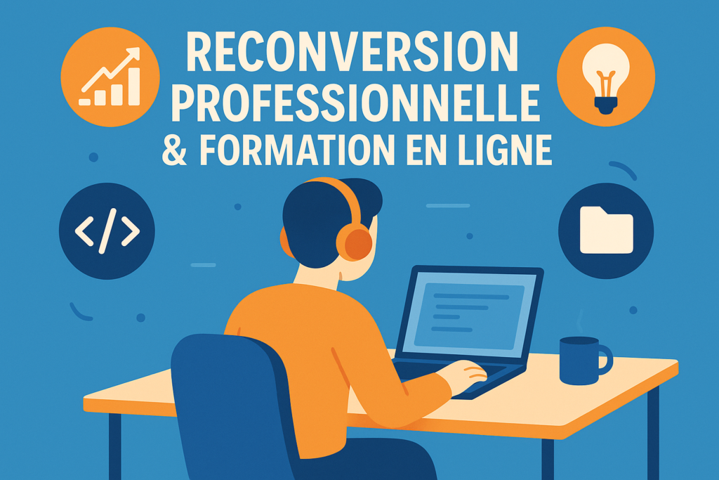 Illustration reconversion professionnelle formation en ligne sur ordinateur