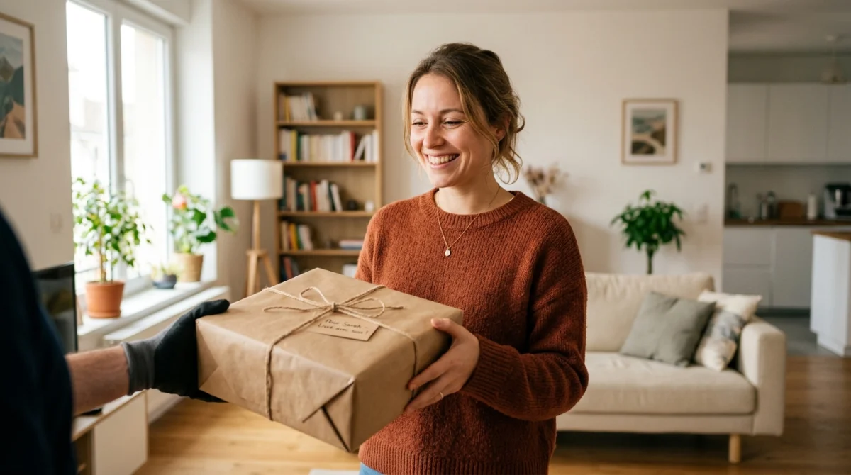 Consommateur heureux recevant un colis bien emballé, avis satyn positif
