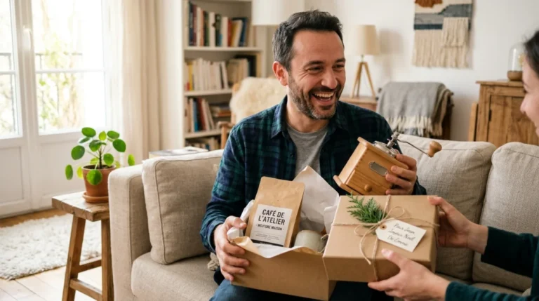 Homme souriant recevant un cadeau original et pratique, salon cosy