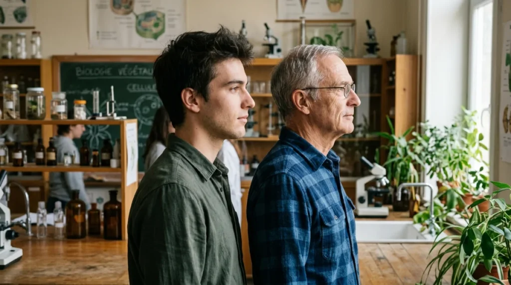 Homme jeune et homme âgé côte à côte, évoquant l'âge de la fertilité masculine.