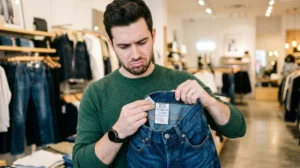 Homme confus face à l'étiquette d'un jean taille française W36 L34.