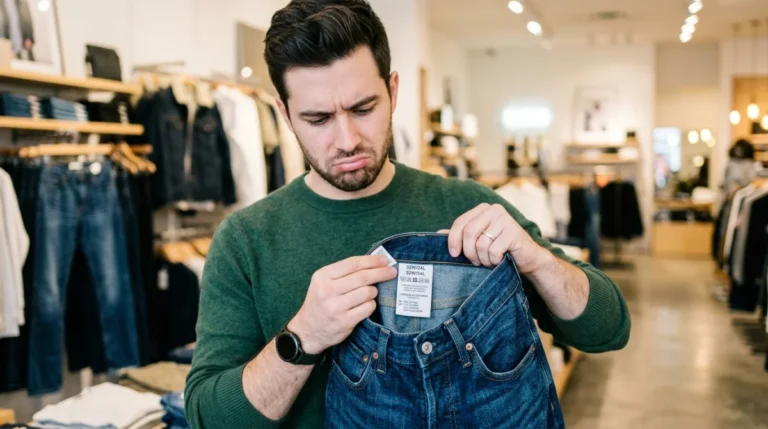 Homme confus face à l'étiquette d'un jean taille française W36 L34.