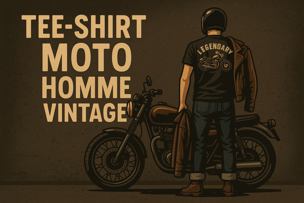 Tee-shirt moto homme vintage porté par un motard devant une moto rétro