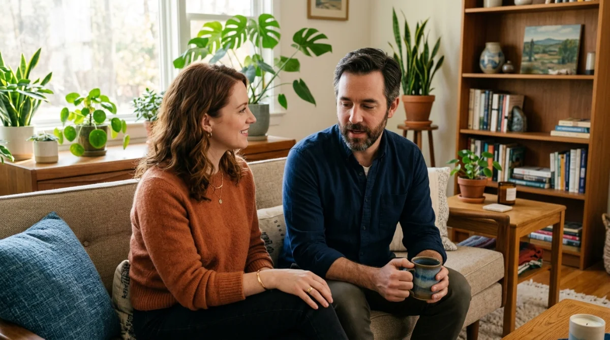 Un couple échangeant sereinement dans un salon lumineux pour illustrer comment aider un homme émotionnellement indisponible.
