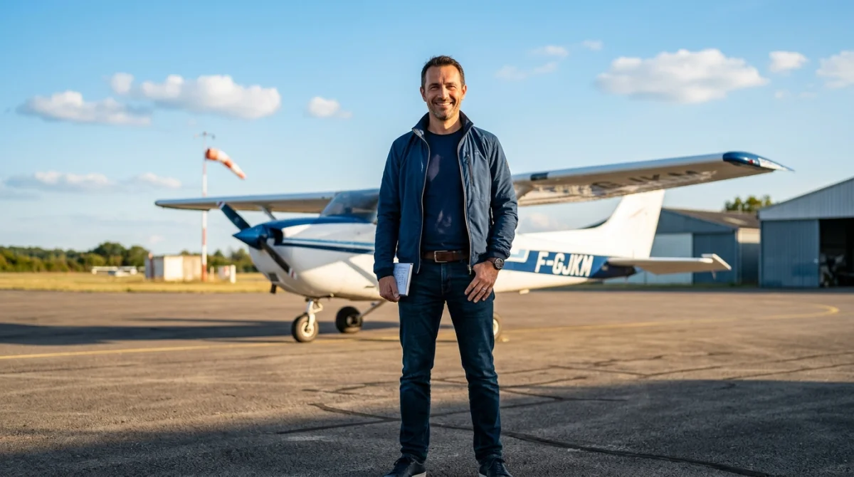 Homme souriant devant un avion sur un aérodrome, une idée de cadeau homme inoubliable pour une expérience aérienne.