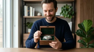 Homme élégant tenant un coffret en bois avec une montre gravée, le cadeau homme inoubliable idéal.