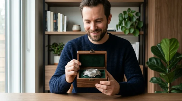 Homme élégant tenant un coffret en bois avec une montre gravée, le cadeau homme inoubliable idéal.