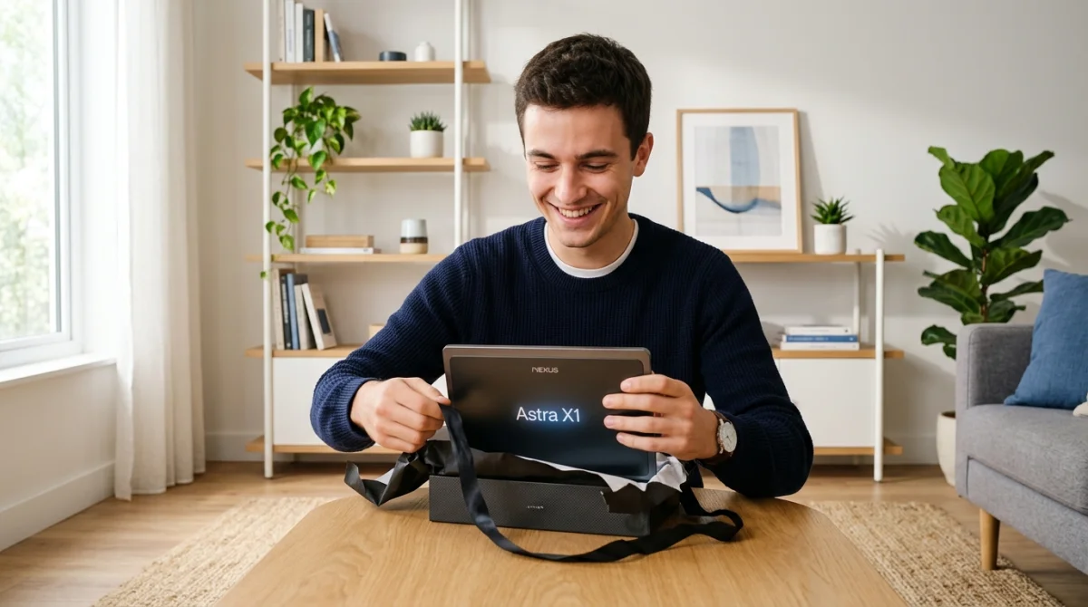 Jeune homme souriant déballant un gadget technologique moderne, une idée de cadeau pas cher pour homme.