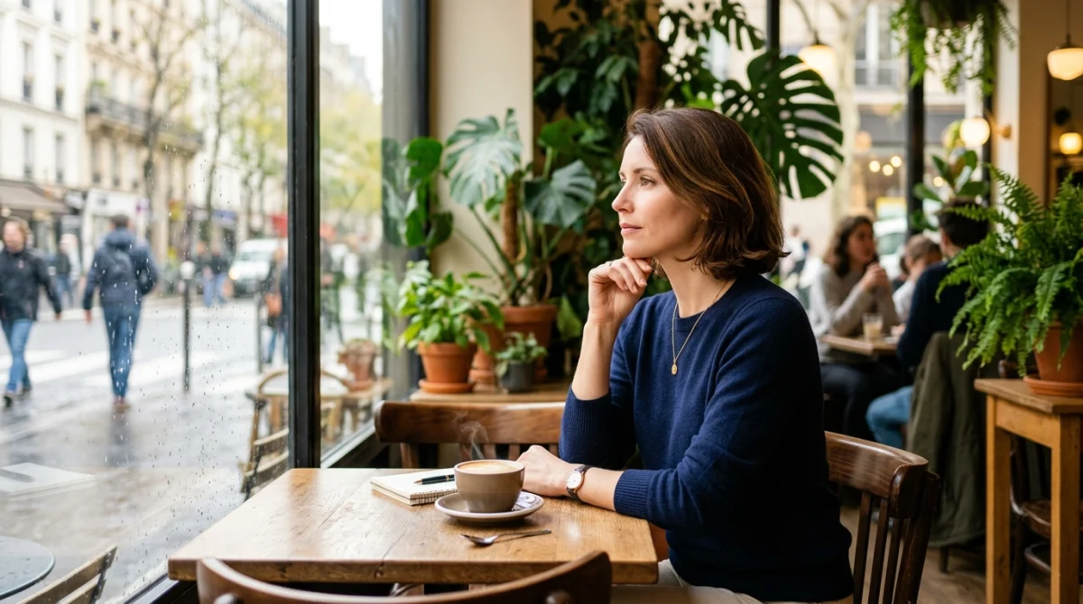 Femme pensive assise seule dans un café, illustrant la réflexion sur combien de temps attendre un homme marié.