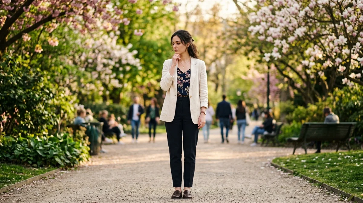 Femme élégante et pensive dans un parc fleuri, illustrant le dilemme sur comment choisir entre deux hommes.