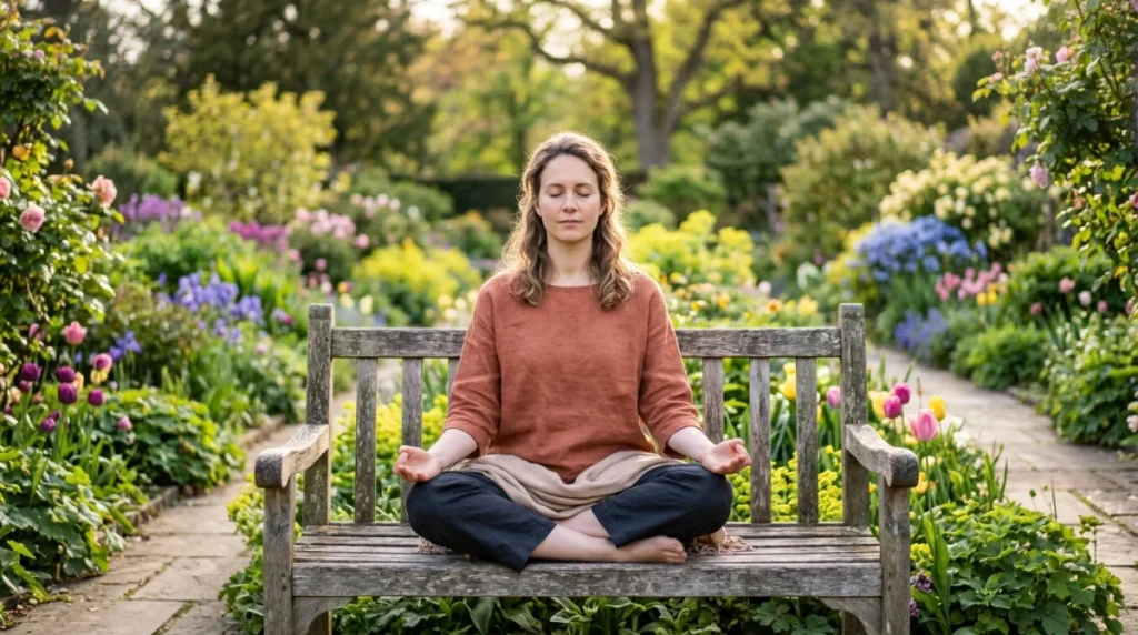 Femme sereine méditant dans un jardin luxuriant pour cultiver son équilibre intérieur et bien-être émotionnel.