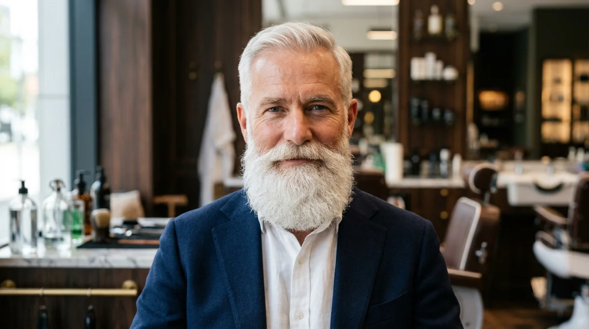 Portrait d'un homme mûr arborant une barbe épaisse et soignée teinte en un blanc élégant dans un salon.