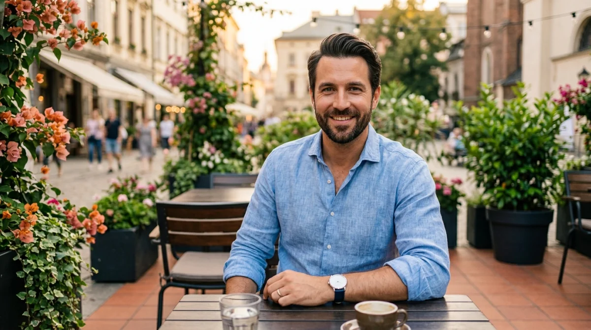 Homme élégant et souriant sur une terrasse, illustrant le sentiment positif quand un homme vous dit à très vite.