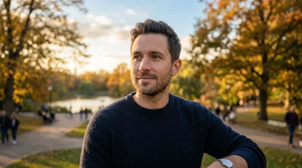 Homme bienveillant souriant dans un parc en automne, illustrant ce qu'il signifie quand un homme dit prend soin de toi.