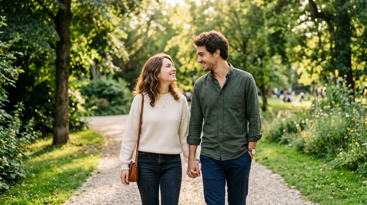 Jeune couple complice se regardant avec tendresse lors d'une promenade romantique dans un parc ensoleillé.