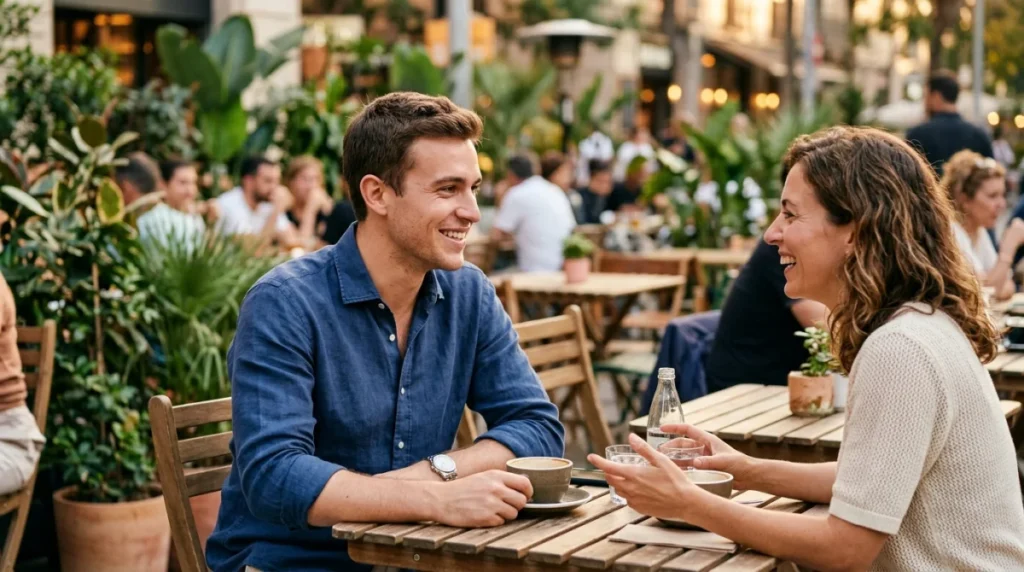 Un homme souriant en chemise bleue discute avec une femme à la terrasse d'un café, illustrant quand un homme te dit tu es gentille.