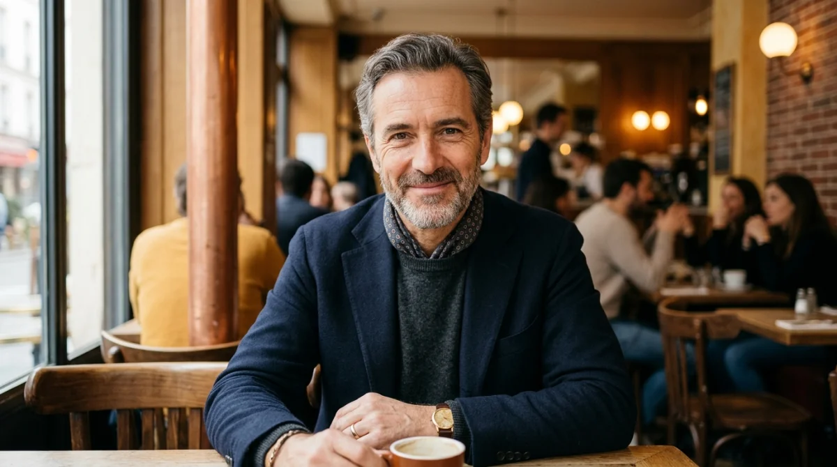 Homme élégant et bienveillant souriant dans un café, illustrant la sincérité quand un homme te dit tu es gentille.