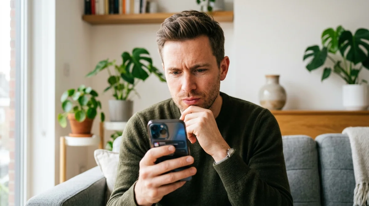 Homme pensif regardant son smartphone dans un salon moderne, illustrant ce qu'il ressent quand un homme like une photo.