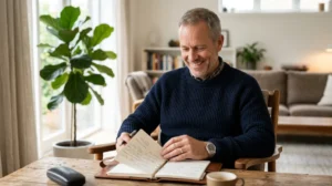 Homme marié souriant consultant son agenda, illustrant les signes qu'il ne quittera pas sa femme.