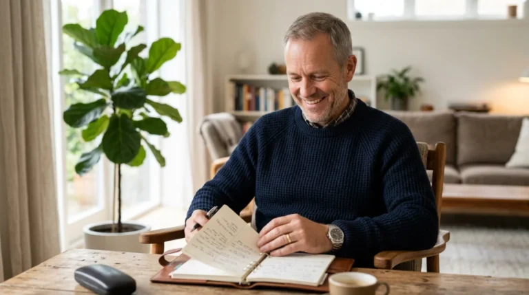 Homme marié souriant consultant son agenda, illustrant les signes qu'il ne quittera pas sa femme.