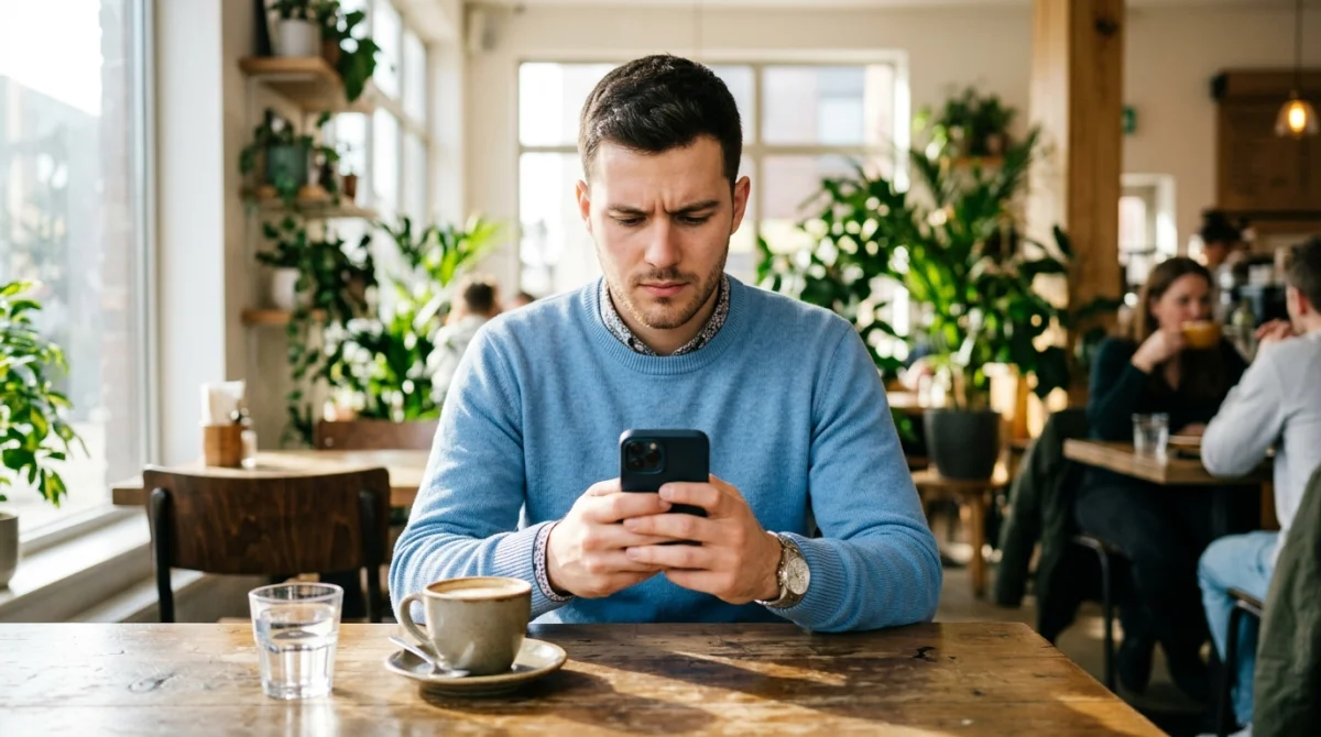 Jeune homme pensif regardant son téléphone dans un café, illustrant quand un homme ne répond pas à un je t'aime.
