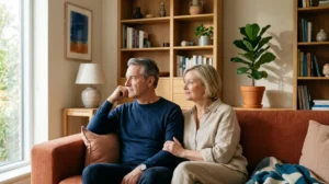 Couple d'âge mûr assis sur un canapé, illustrant le silence quand un homme ne répond pas à un je t'aime.