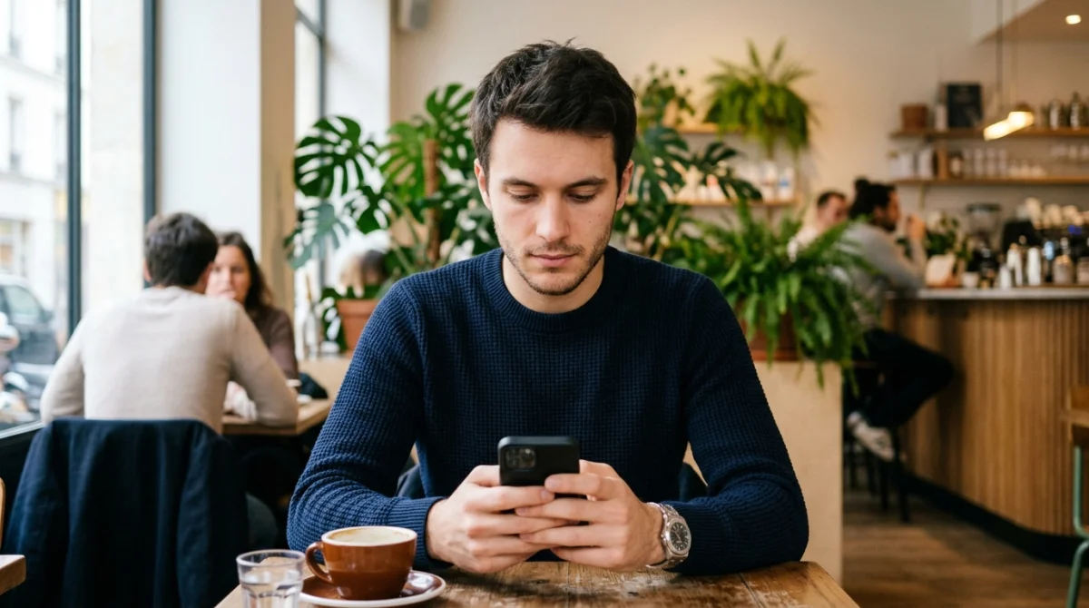 Jeune homme concentré regardant son smartphone dans un café, illustrant ce qu'il ressent quand un homme like une photo.