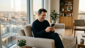 Homme souriant consultant son smartphone dans un appartement moderne, illustrant pourquoi les hommes aiment les relations virtuelles.