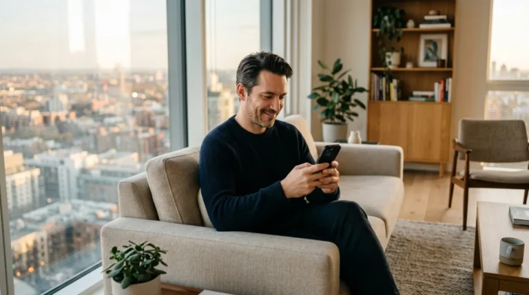 Homme souriant consultant son smartphone dans un appartement moderne, illustrant pourquoi les hommes aiment les relations virtuelles.