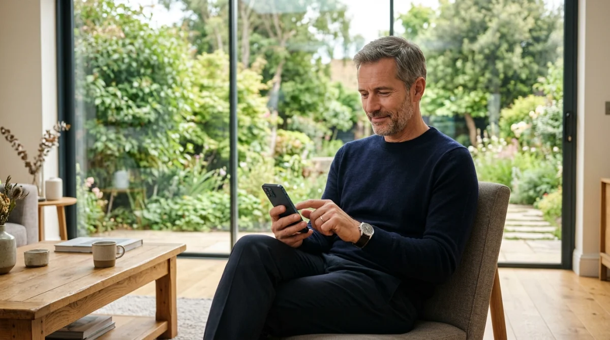 Homme élégant utilisant sereinement son smartphone dans un intérieur moderne, illustrant pourquoi les hommes aiment les relations virtuelles.