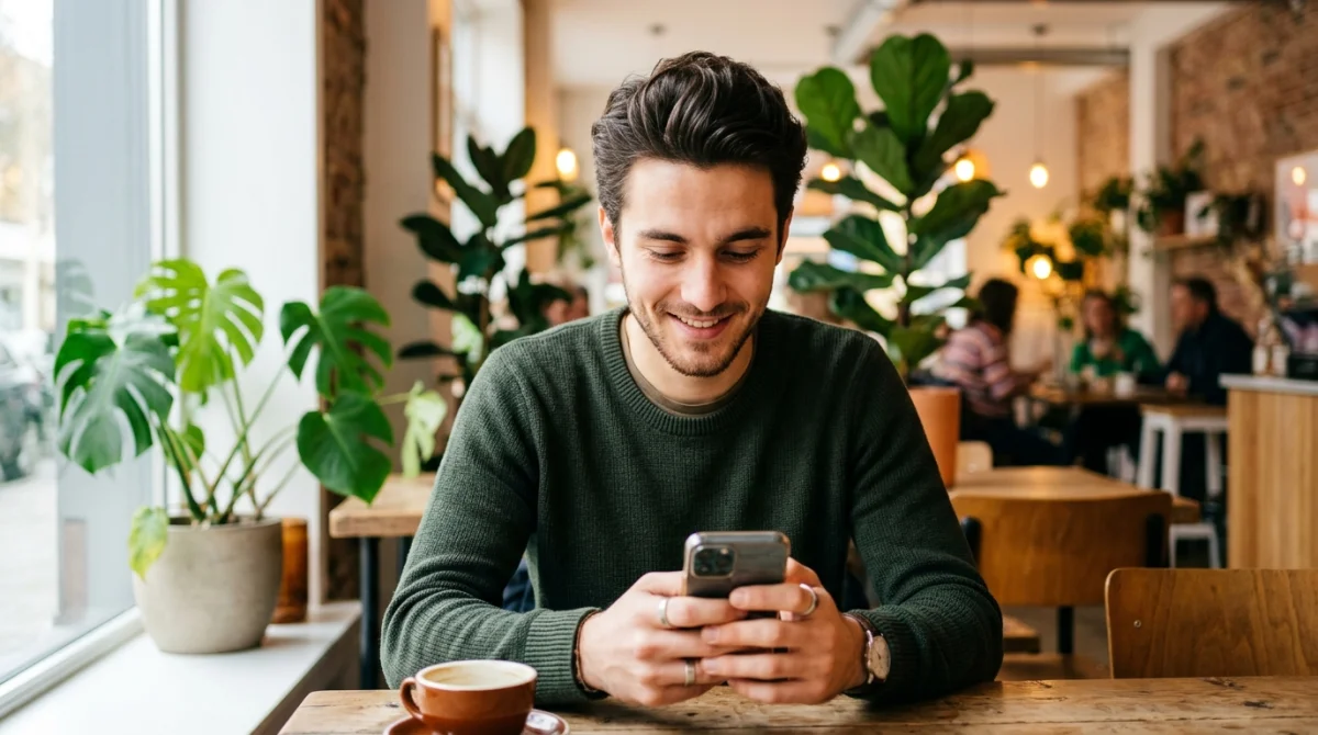 Jeune homme souriant regardant son smartphone dans un café, illustrant quand un homme vous dit à très vite.